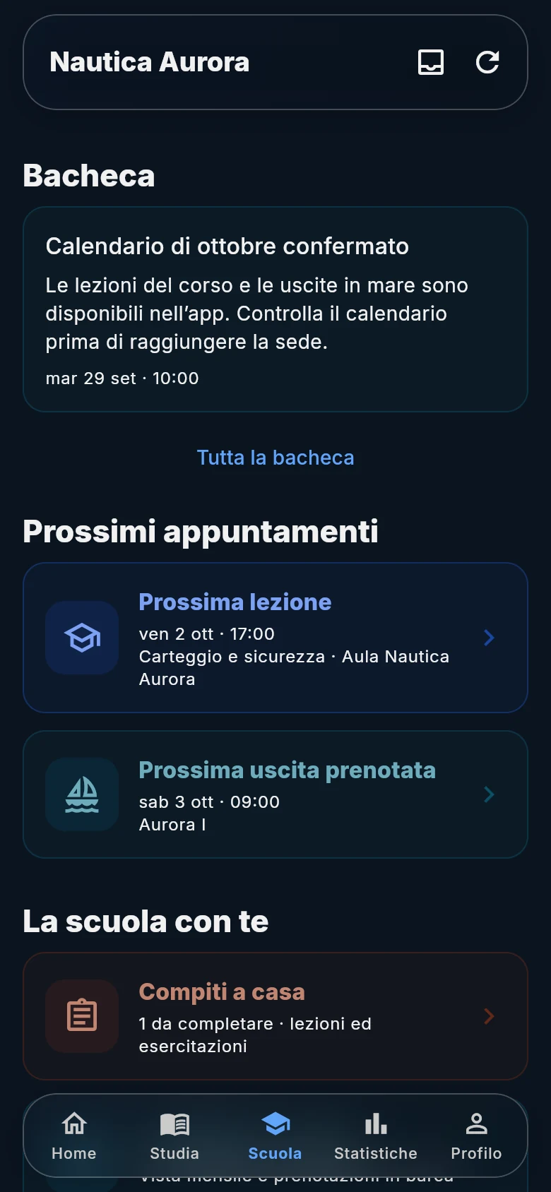 Lezioni e bacheca di una scuola dimostrativa